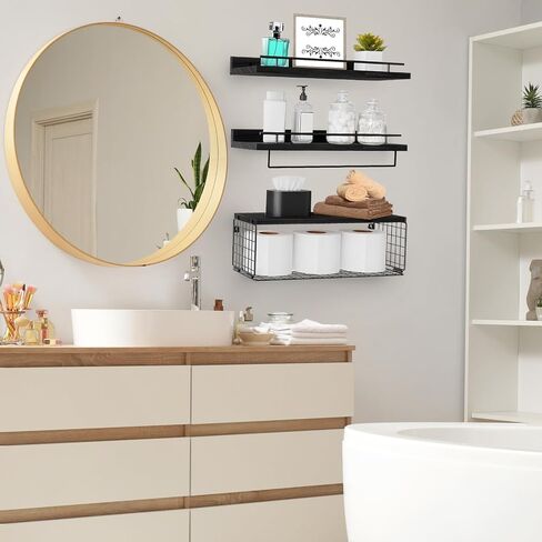 Floating Shelves for Wall, Wood Bookcases, Decor for Kitchen| Farmhouse| Bedroom| Laundry Room| Living Room| Bathroom, Hanging Storage - Black in Saudi Arabia