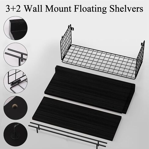 Floating Shelves for Wall, Wood Bookcases, Decor for Kitchen| Farmhouse| Bedroom| Laundry Room| Living Room| Bathroom, Hanging Storage - Black in Saudi Arabia