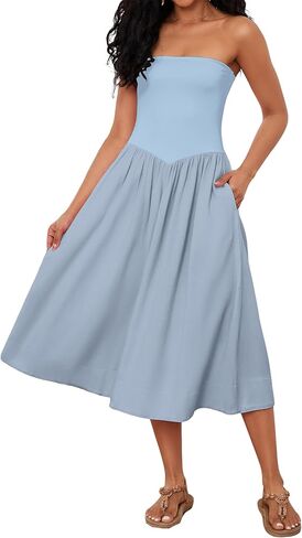 OLAPTA Women Strapless Tube Top Maxi Dresses Patchwork Casual Sleeveless Backless Dresses Swing Basic Solid Dress with Pocket in Kuwait