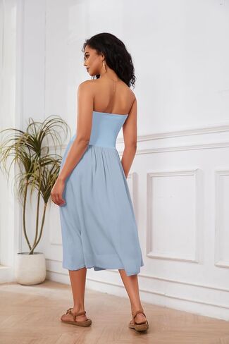 OLAPTA Women Strapless Tube Top Maxi Dresses Patchwork Casual Sleeveless Backless Dresses Swing Basic Solid Dress with Pocket in Kuwait