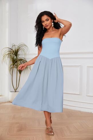 OLAPTA Women Strapless Tube Top Maxi Dresses Patchwork Casual Sleeveless Backless Dresses Swing Basic Solid Dress with Pocket in Kuwait