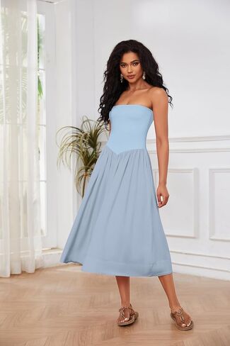 OLAPTA Women Strapless Tube Top Maxi Dresses Patchwork Casual Sleeveless Backless Dresses Swing Basic Solid Dress with Pocket in Kuwait