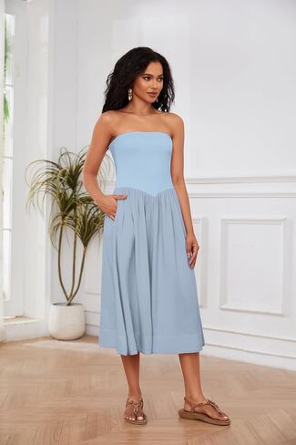 OLAPTA Women Strapless Tube Top Maxi Dresses Patchwork Casual Sleeveless Backless Dresses Swing Basic Solid Dress with Pocket in Kuwait