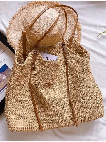 Straw Bag, Straw Tote Bag for Women - 2025 Summer Soft Woven Shoulder beach bag, stylish beach tote bag in Saudi Arabia