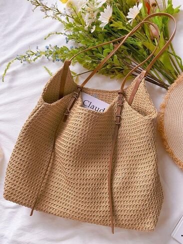 Straw Bag, Straw Tote Bag for Women - 2025 Summer Soft Woven Shoulder beach bag, stylish beach tote bag in Saudi Arabia