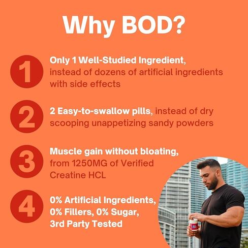 BOD Creatine Capsules Pills for Muscle Support, Endurance, No Bloat, No Load, Unflavored Creatine for Women and Men, Vegan, (Creatine HMB Capsules) in Kuwait