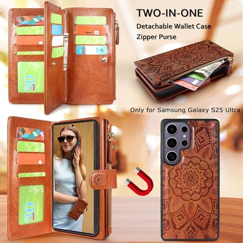 Harryshell Compatible with Samsung Galaxy S25 Ultra Wallet Case Detachable Phone Cover with Zipper Cash Coin Pocket Multi Card Slots Holder Wrist Strap Lanyard 6.9 inch (Floral Purple) in Kuwait