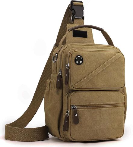 Canvas Sling Bag, Crossbody Backpack with Multiple Pockets, Khaki (Khaki) in Saudi Arabia