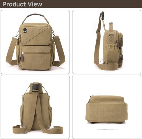 Canvas Sling Bag, Crossbody Backpack with Multiple Pockets, Khaki (Khaki) in Saudi Arabia