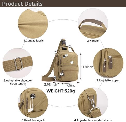 Canvas Sling Bag, Crossbody Backpack with Multiple Pockets, Khaki (Khaki) in Saudi Arabia