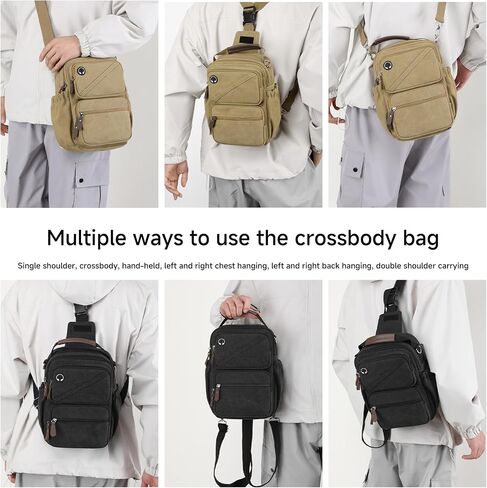 Canvas Sling Bag, Crossbody Backpack with Multiple Pockets, Khaki (Khaki) in Saudi Arabia