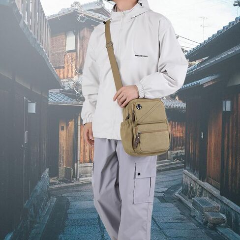 Canvas Sling Bag, Crossbody Backpack with Multiple Pockets, Khaki (Khaki) in Saudi Arabia