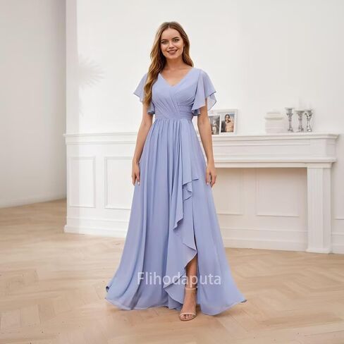 V Neck Bridesmaid Dress Long 2025 Puffy Short Sleeve Ruffle Chiffon Formal Dress with Pockets in Saudi Arabia