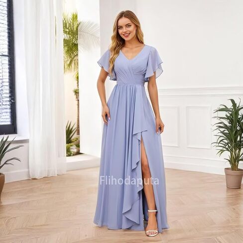 V Neck Bridesmaid Dress Long 2025 Puffy Short Sleeve Ruffle Chiffon Formal Dress with Pockets in Saudi Arabia
