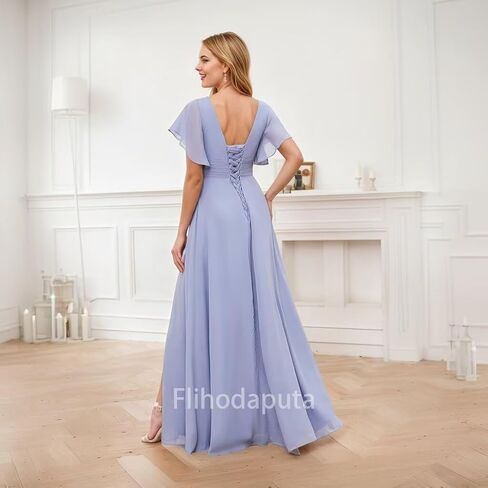 V Neck Bridesmaid Dress Long 2025 Puffy Short Sleeve Ruffle Chiffon Formal Dress with Pockets in Saudi Arabia
