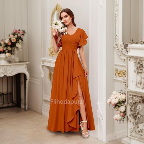 V Neck Bridesmaid Dress Long 2025 Puffy Short Sleeve Ruffle Chiffon Formal Dress with Pockets in Saudi Arabia