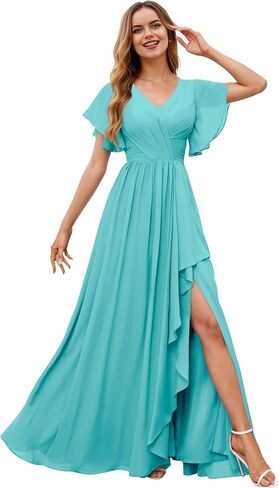 V Neck Bridesmaid Dress Long 2025 Puffy Short Sleeve Ruffle Chiffon Formal Dress with Pockets in Saudi Arabia