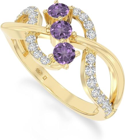 Natural Gemstone 3 Stone Enagegment Rings with Moissanite for Women in Silver/18K Yellow/Rose Gold Vermeil, Birthstone Jewelry Gifts for Her Birthday, Wedding Anniversary, Graduation, Christmas in Saudi Arabia