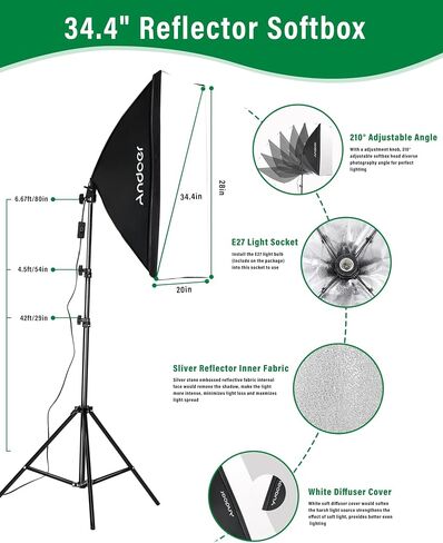 Andoer Photography Studio Softbox Lighting Kit and 6.5ftx10ft(2X3Meters) Background Support System Including 3pcs Backdrops(Black/White/Green) Screen for Photo, Video, Portrait and Live in Saudi Arabia