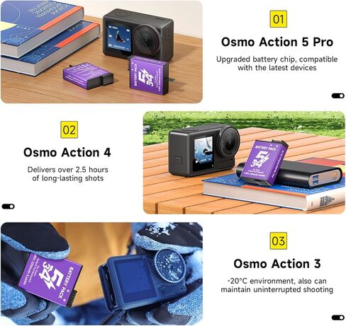 OSMO Action 5 Pro 4 3 استبدال البطارية ، 2 Pack 2250mAh حزمة بطاريات متطرفة قابلة لإعادة الشحن لـ DJI Osmo Action 5 Pro Osmo Action 4 Action 3 Sport Campar in Kuwait