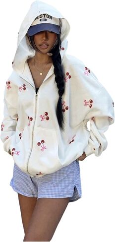OYOANGLE Women's Zip Up Hoodies Y2K Cherry Print Long Sleeve Oversized Hooded Sweatshirts in Saudi Arabia