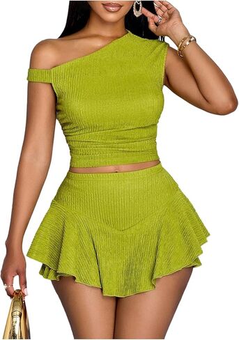WDIRARA Women's One Shoulder Asymmetrical Tank Top and Layered Ruffle A Line Mini Skirt Sets 2 Piece Outfits in Saudi Arabia