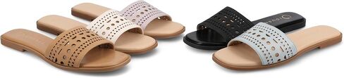 Journee Womens cushioned footbed Faux Leather Sandals Flat Sole Brodie Laser Cutout Straps in Saudi Arabia