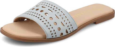 Journee Womens cushioned footbed Faux Leather Sandals Flat Sole Brodie Laser Cutout Straps in Saudi Arabia