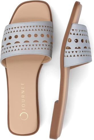 Journee Womens cushioned footbed Faux Leather Sandals Flat Sole Brodie Laser Cutout Straps in Saudi Arabia