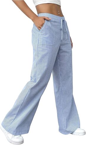 Women's Wide Leg Striped Pants Drawstring Low Waisted Casual Loose Trousers with Pocket in Kuwait
