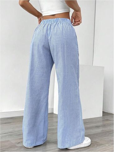 Women's Wide Leg Striped Pants Drawstring Low Waisted Casual Loose Trousers with Pocket in Kuwait