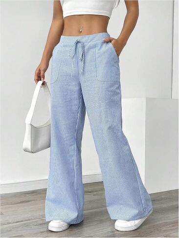 Women's Wide Leg Striped Pants Drawstring Low Waisted Casual Loose Trousers with Pocket in Kuwait
