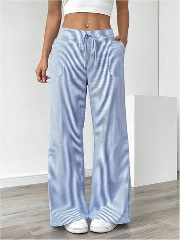 Women's Wide Leg Striped Pants Drawstring Low Waisted Casual Loose Trousers with Pocket in Kuwait