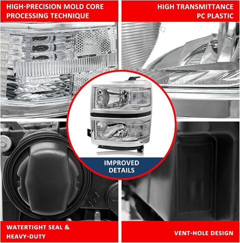 Headlight Assembly for 2014 2015 Chevy Silverado 1500 Chrome Housing with Clear Reflector Left and Right Pair in Saudi Arabia