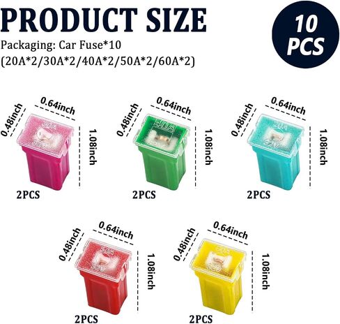 طقم FUSE للسيارات 10pcs ، مجموعة متنوعة من الصمامات ، بما في ذلك 20A/30A/40A/50A/60A لحماية النظام الكهربائي التلقائي دون التحميل الزائد ، وملحقات السيارة الأساسية J (LOW) in Kuwait