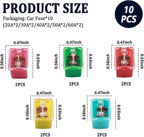 طقم FUSE للسيارات 10pcs ، مجموعة متنوعة من الصمامات ، بما في ذلك 20A/30A/40A/50A/60A لحماية النظام الكهربائي التلقائي دون التحميل الزائد ، وملحقات السيارة الأساسية J (LOW) in Kuwait