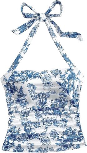 WDIRARA Women's Floral Print Halter Top Ruched Tie Backless Sleeveless Boho Crop Tops in Saudi Arabia