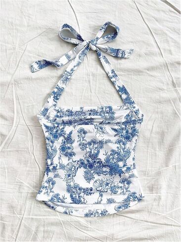 WDIRARA Women's Floral Print Halter Top Ruched Tie Backless Sleeveless Boho Crop Tops in Saudi Arabia