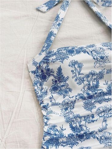WDIRARA Women's Floral Print Halter Top Ruched Tie Backless Sleeveless Boho Crop Tops in Saudi Arabia