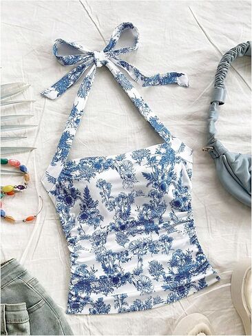 WDIRARA Women's Floral Print Halter Top Ruched Tie Backless Sleeveless Boho Crop Tops in Saudi Arabia