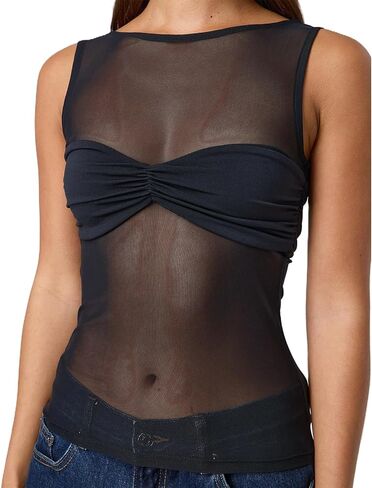 Giraropa Sheer Mesh Top for Women Summer Sleeveless Crew Neck Slim Fit Tank Tops Sexy See Through Blouse Shirt in Saudi Arabia