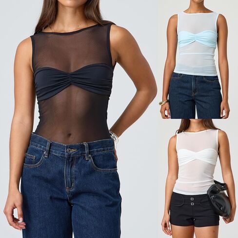 Giraropa Sheer Mesh Top for Women Summer Sleeveless Crew Neck Slim Fit Tank Tops Sexy See Through Blouse Shirt in Saudi Arabia