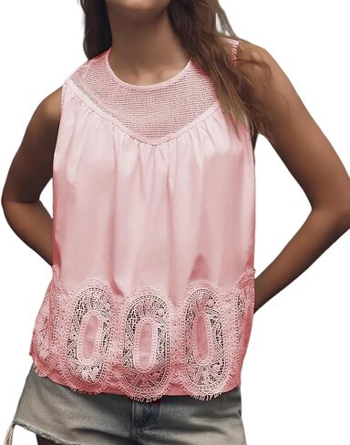 Vaoyiu Women's Women's Crochet Take Tank Top Detail Detail Blouse Boho Eyelet Hem Lace Poplin Patchwork Summer in Kuwait