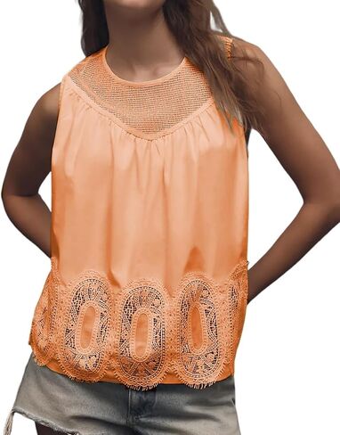 Vaoyiu Women's Women's Crochet Take Tank Top Detail Detail Blouse Boho Eyelet Hem Lace Poplin Patchwork Summer in Kuwait