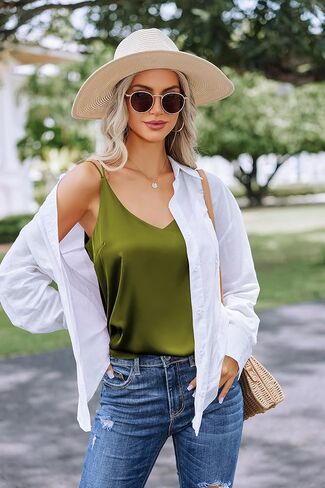 Ekouaer Womens Silk Satin Camisole Tank Tops V Neck Sleeveless Spaghetti Strap Blouses Casual Cross Back Cami Shirt in Saudi Arabia