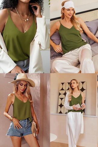 Ekouaer Womens Silk Satin Camisole Tank Tops V Neck Sleeveless Spaghetti Strap Blouses Casual Cross Back Cami Shirt in Saudi Arabia