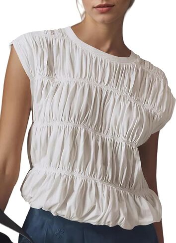 Missactiver Women's Cute Tiered Shirred Bubble Top Solid Discal Crew Cap Cap Sleeve Top Babydoll Tee Shirt Plouse Tops in Kuwait