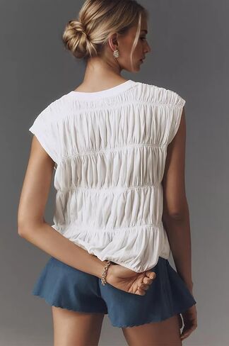 Missactiver Women's Cute Tiered Shirred Bubble Top Solid Discal Crew Cap Cap Sleeve Top Babydoll Tee Shirt Plouse Tops in Kuwait