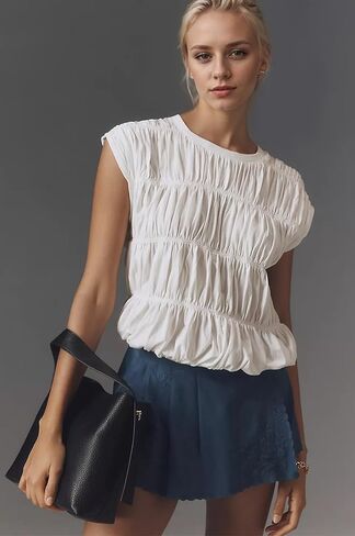 Missactiver Women's Cute Tiered Shirred Bubble Top Solid Discal Crew Cap Cap Sleeve Top Babydoll Tee Shirt Plouse Tops in Kuwait