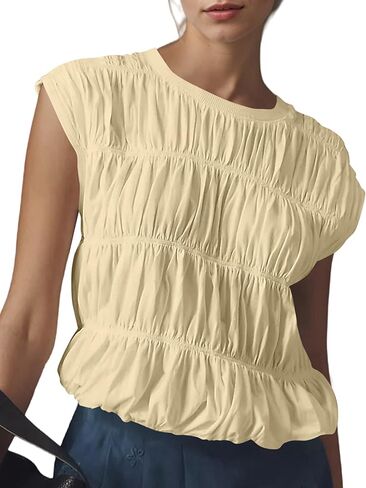 Missactiver Women's Cute Tiered Shirred Bubble Top Solid Discal Crew Cap Cap Sleeve Top Babydoll Tee Shirt Plouse Tops in Kuwait